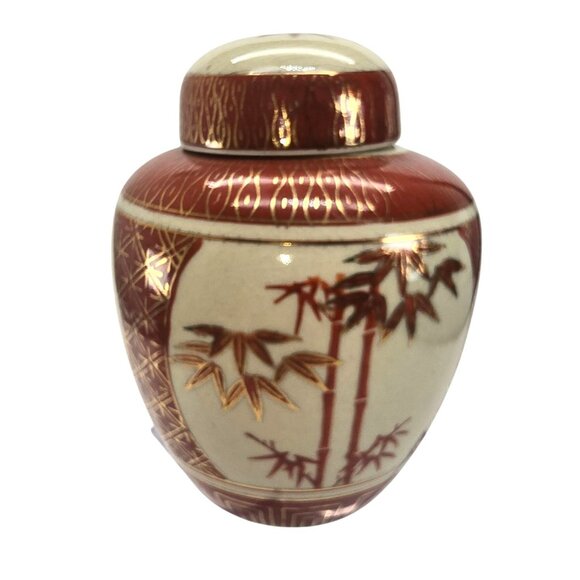 Vintage Japanese Ceramic Ginger Jar With Lid Bamboo Design Rust & Cream JE355 - Picture 4 of 6